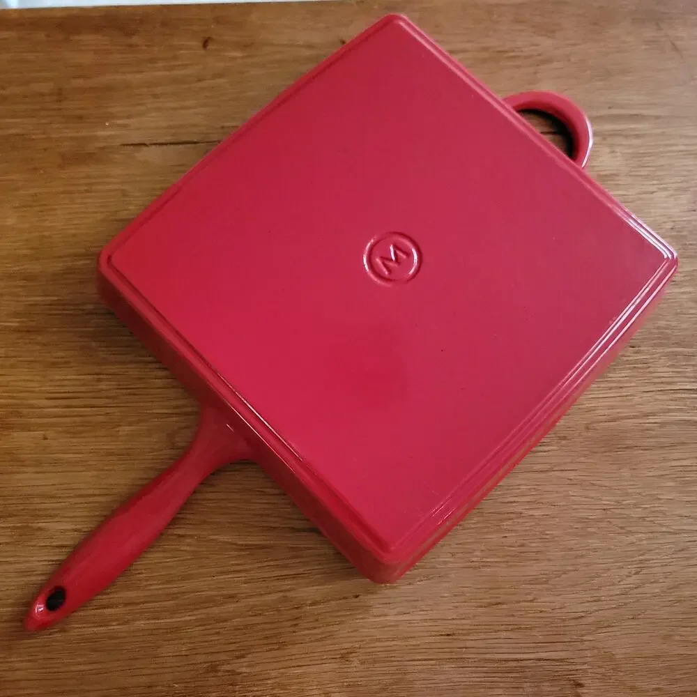 Crate and Barrel Mario Batali Red Enamel Cast Iron Grill Pan w Panini Press Lid